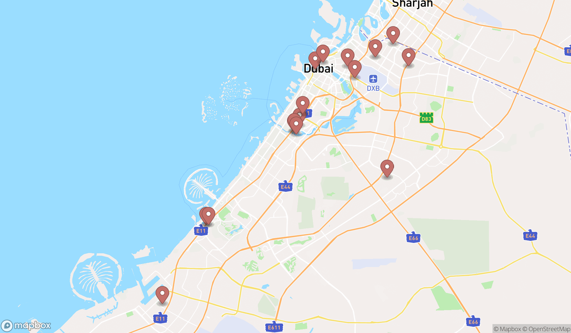 Map showing the search results in Dubai