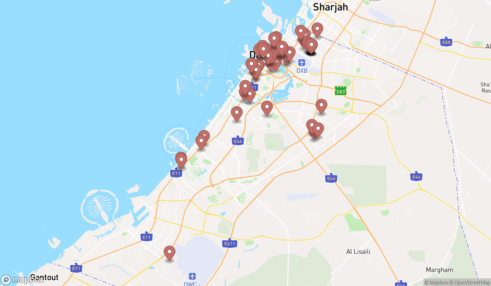Map showing the search results in Dubai