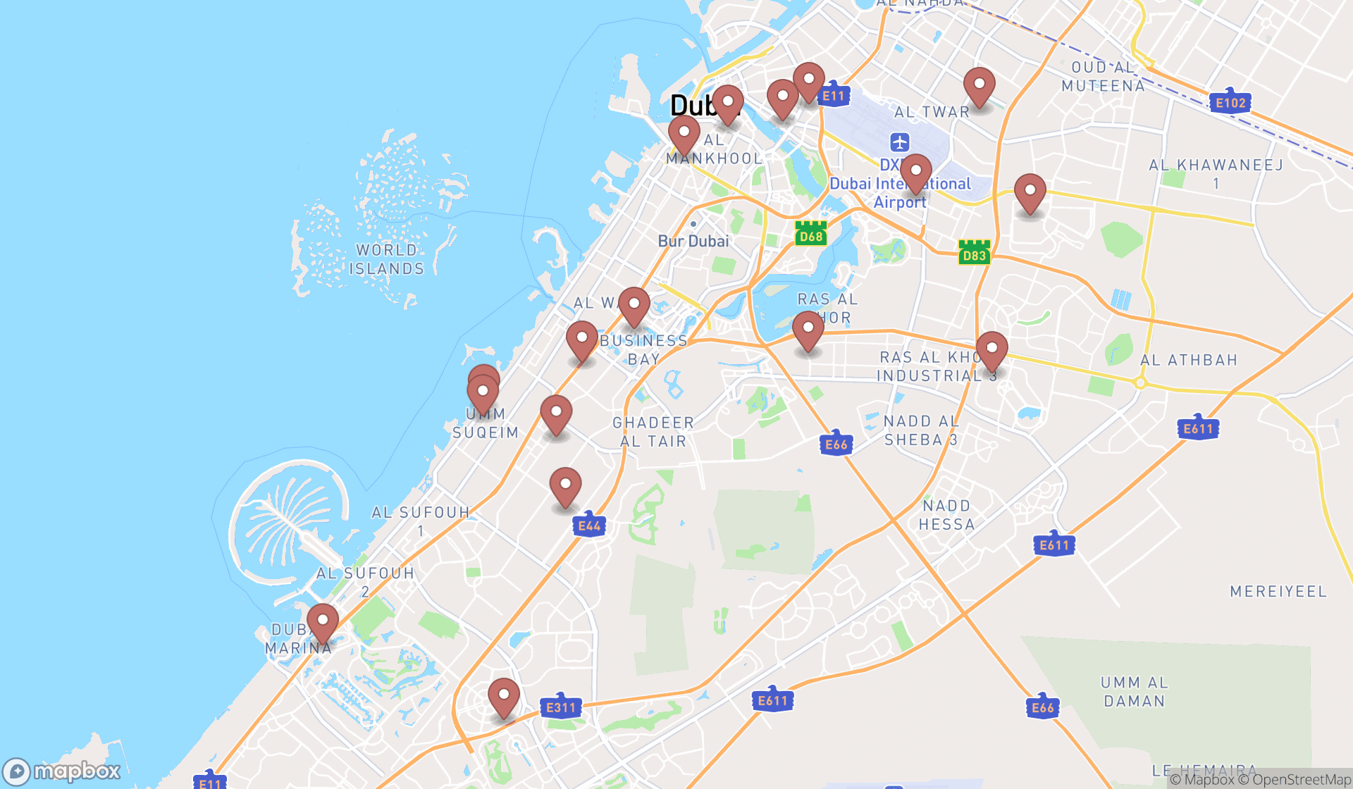 Map showing the search results in Dubai