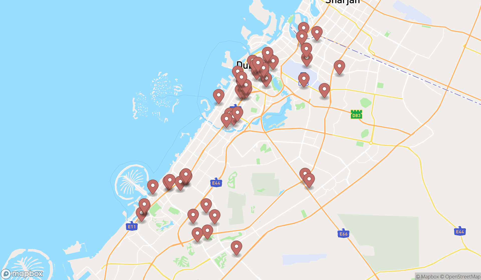 Map showing the search results in Dubai
