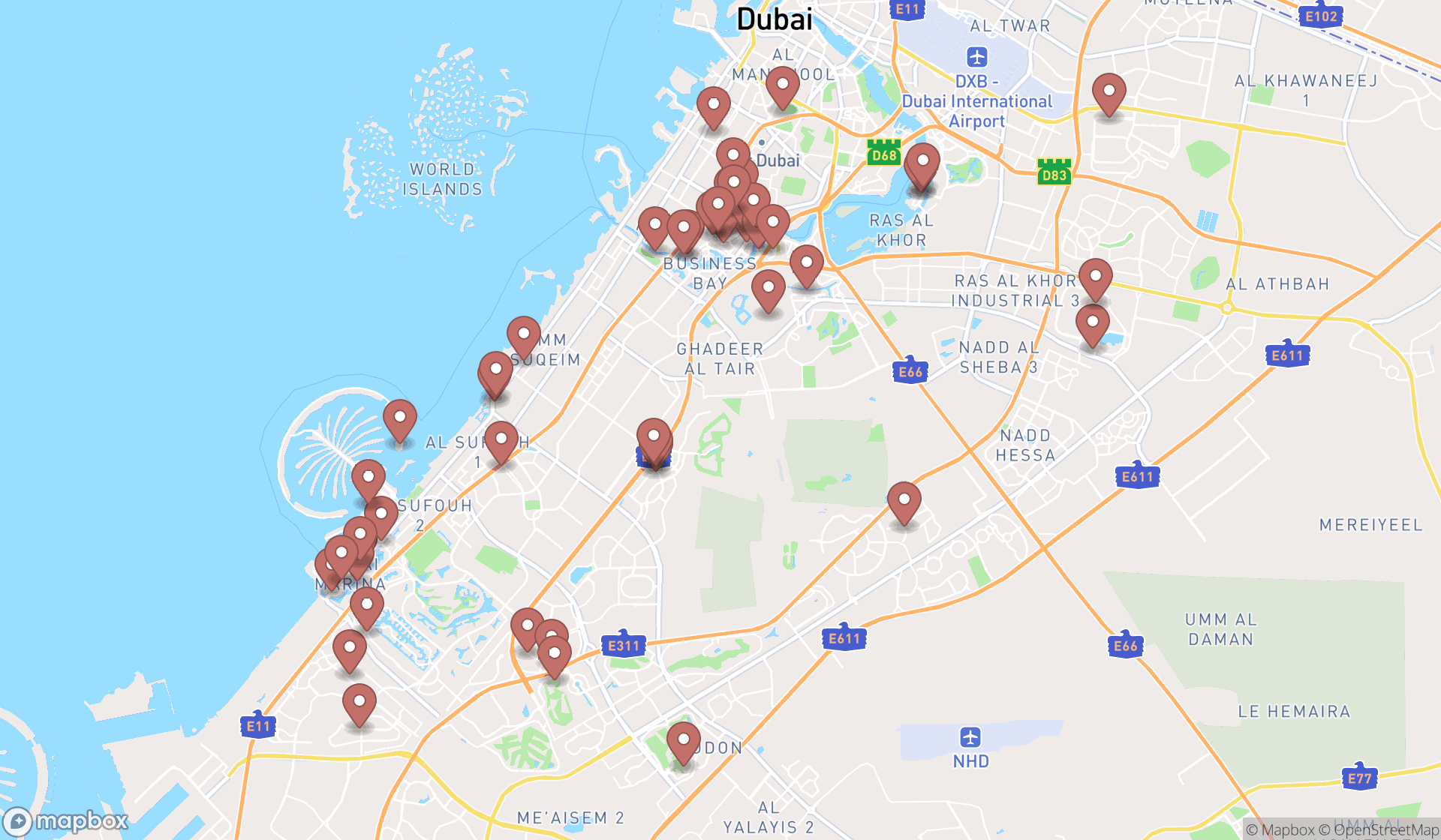 Map showing the search results in Dubai