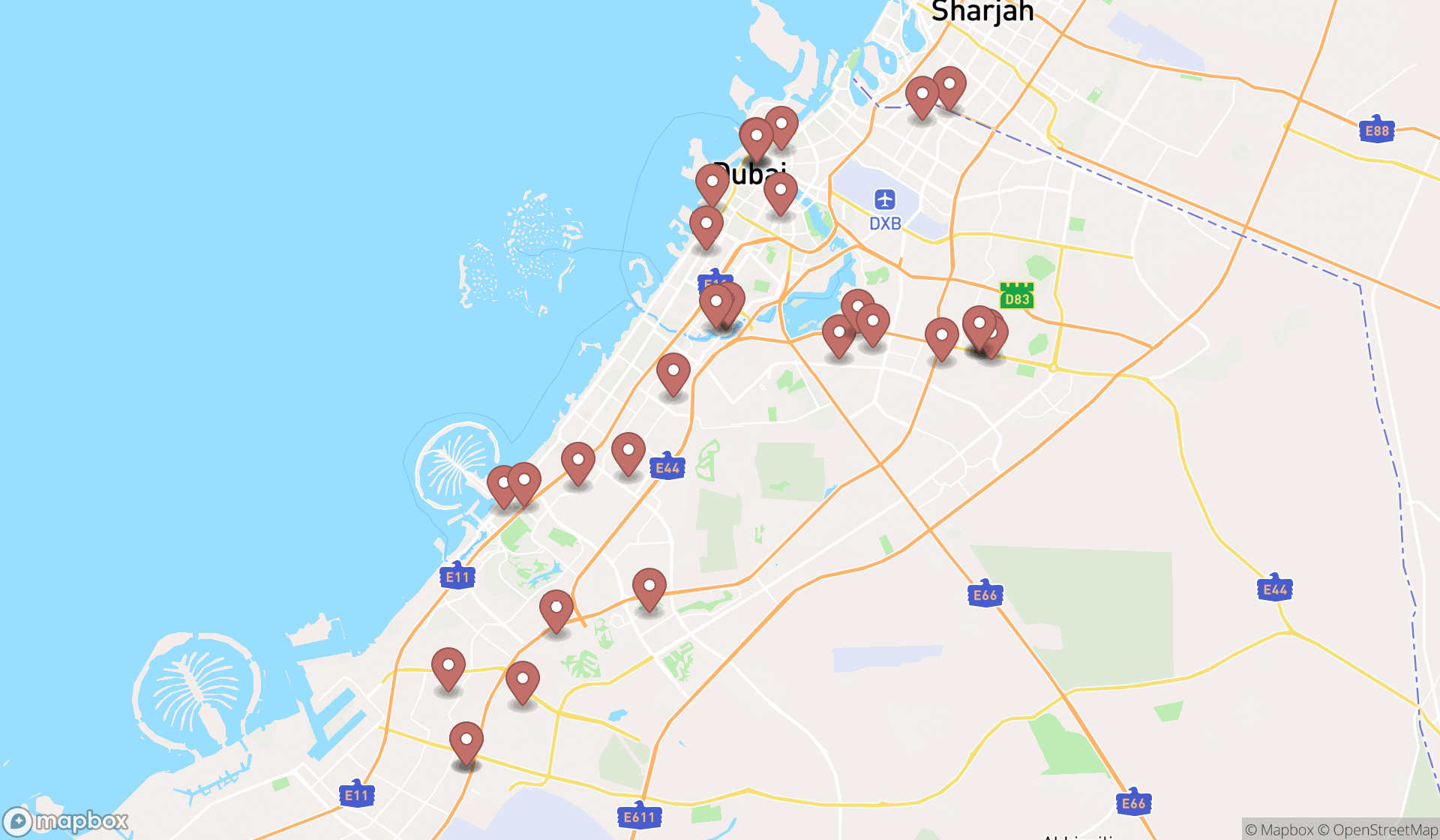 Map showing the search results in Dubai