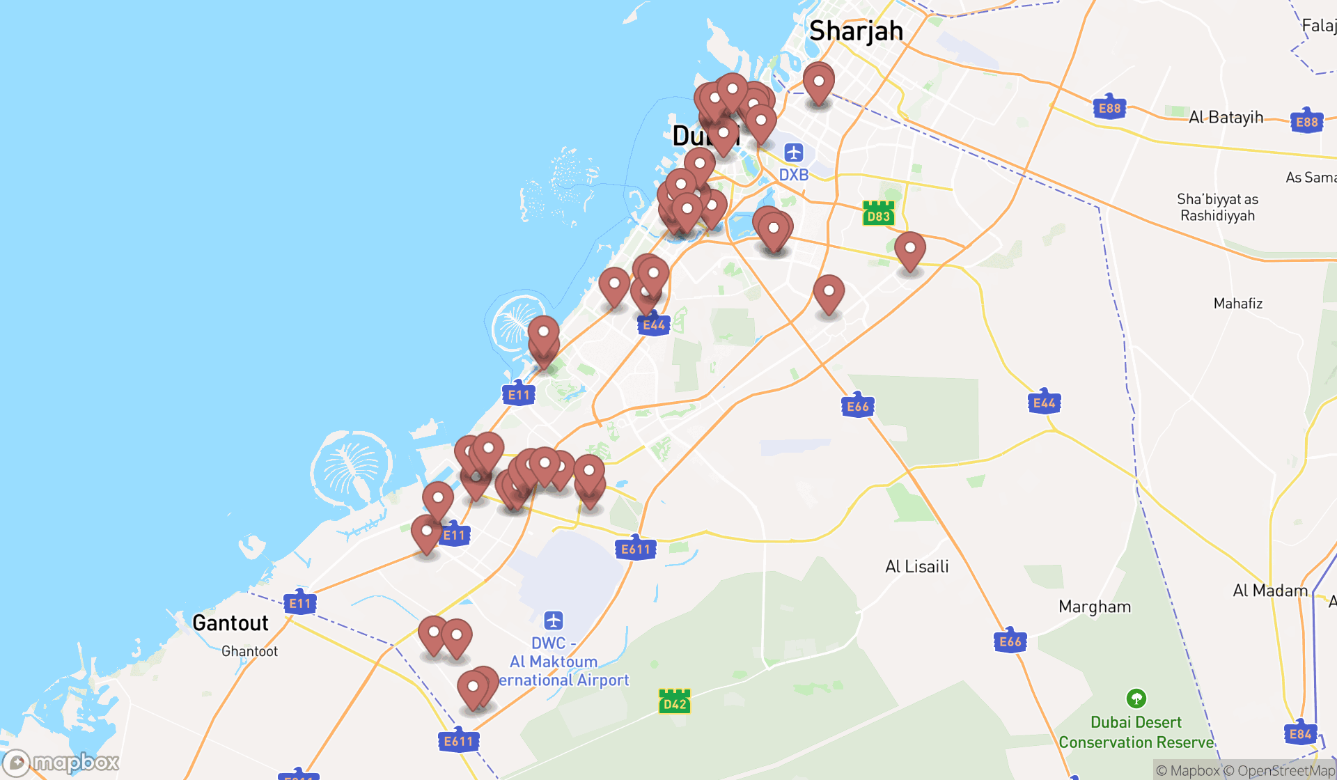 Map showing the search results in Dubai