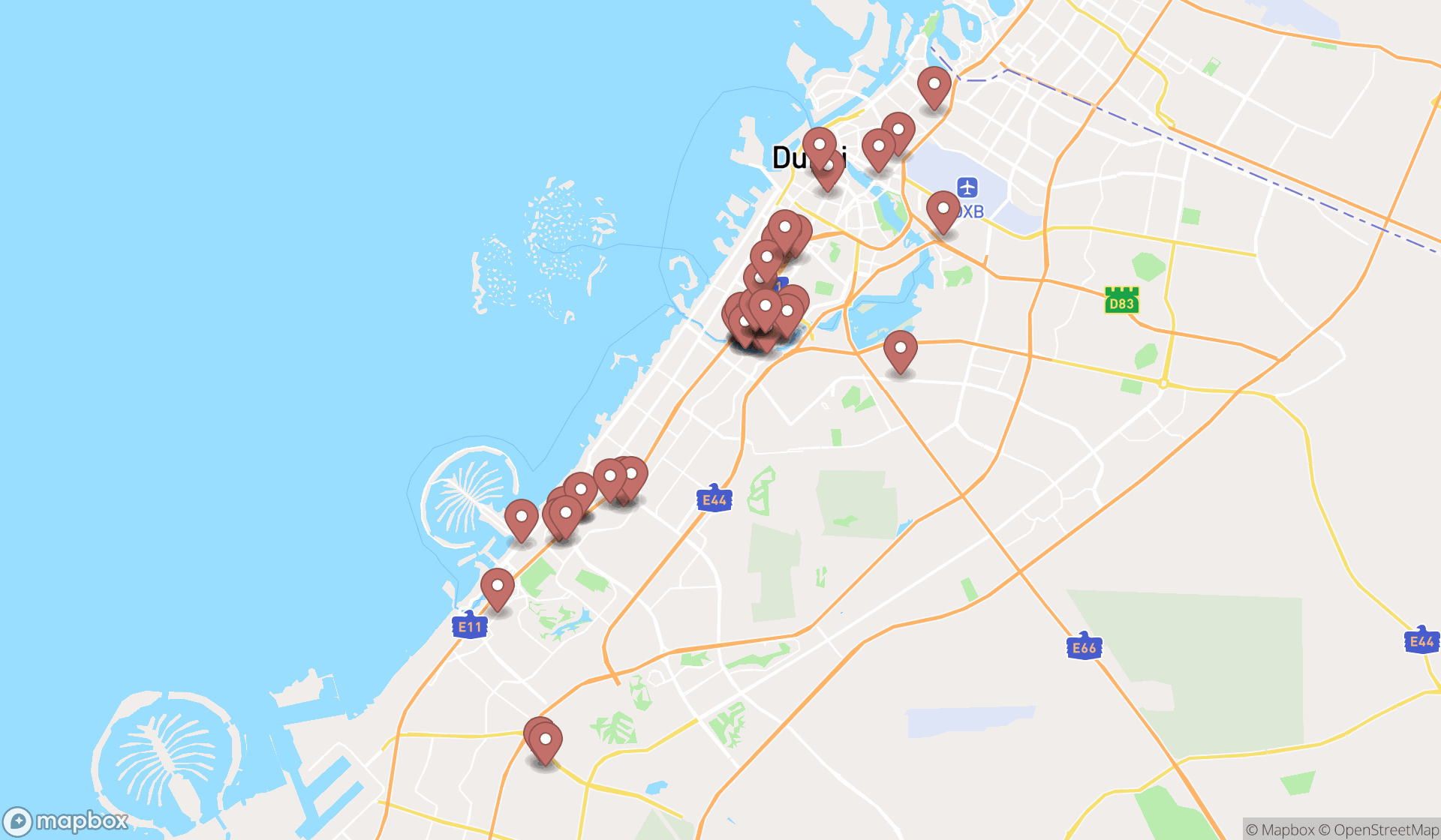 Map showing the search results in Dubai
