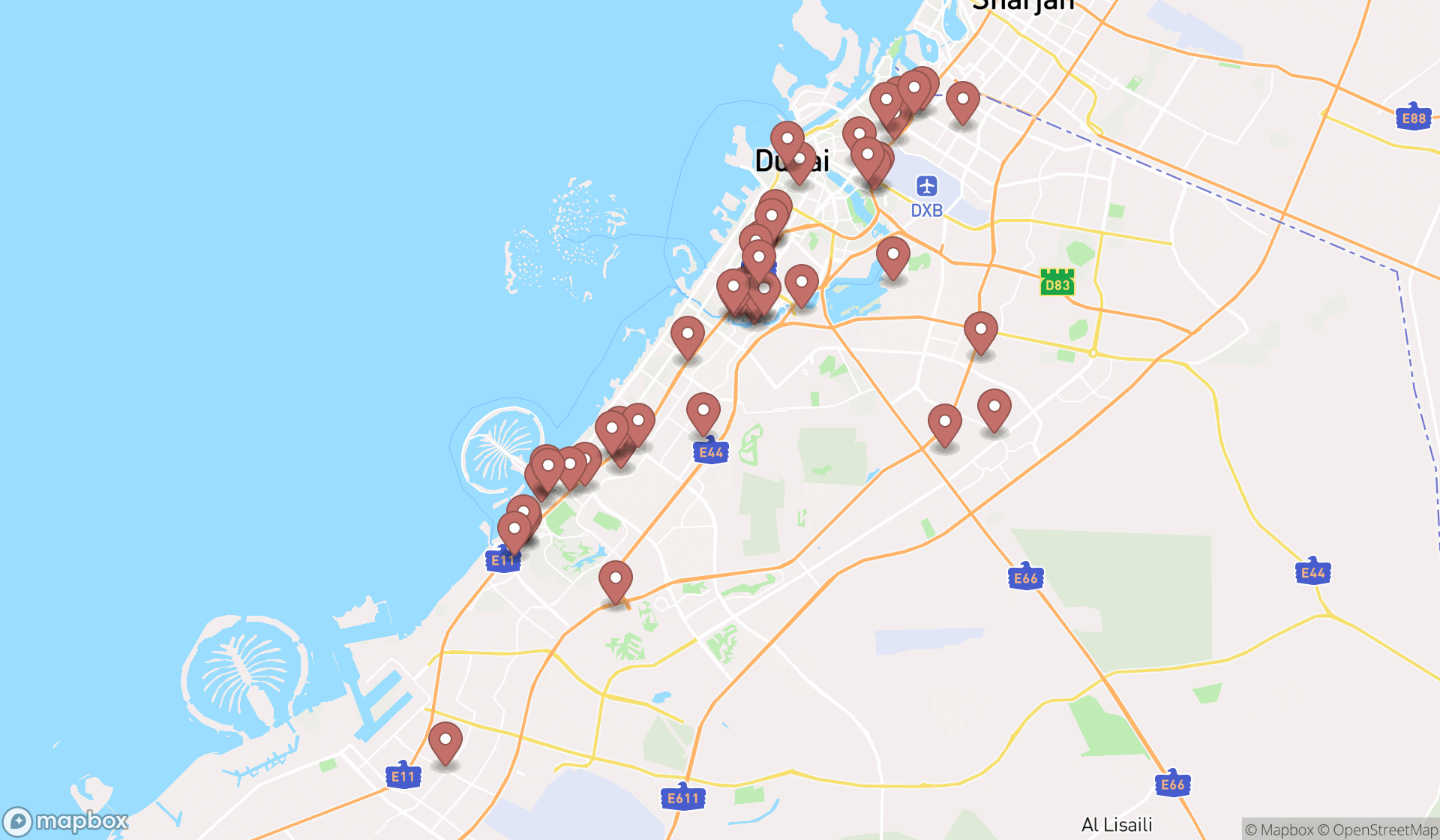 Map showing the search results in Dubai