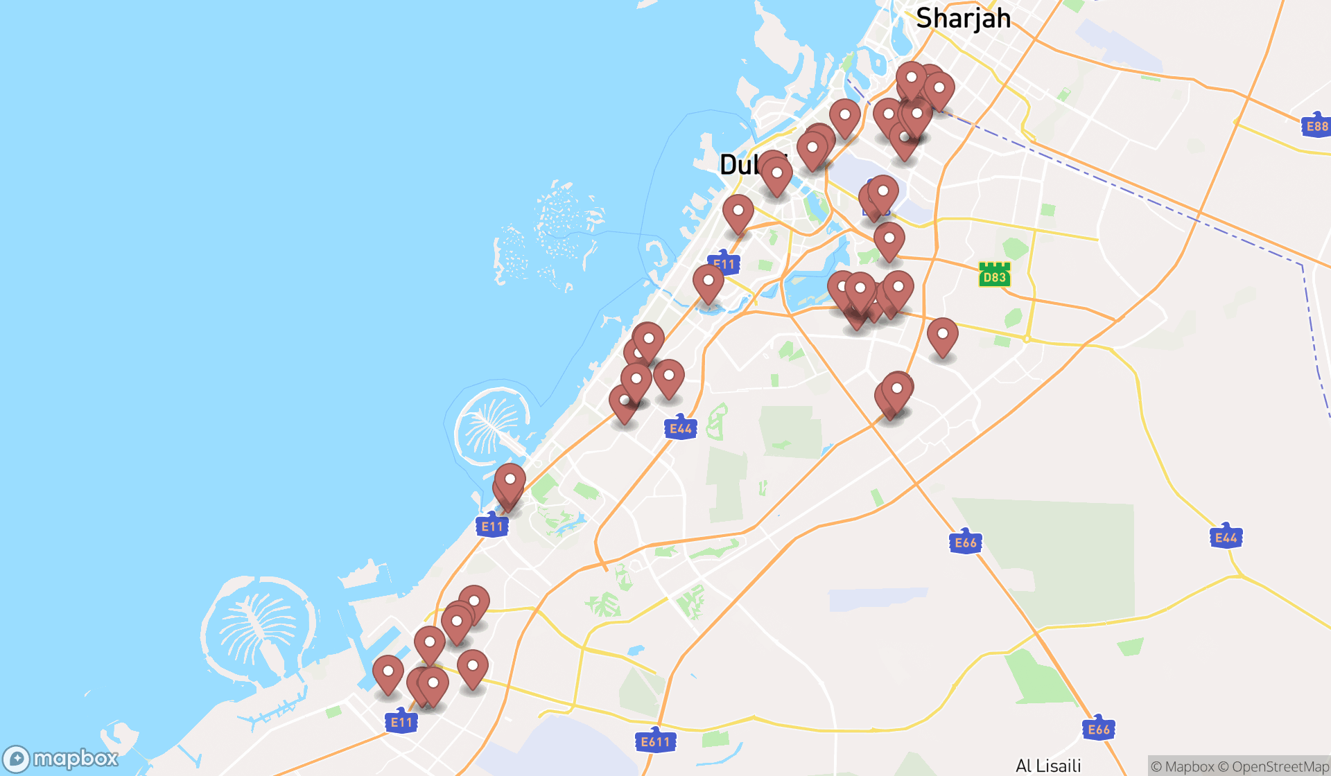 Map showing the search results in Dubai