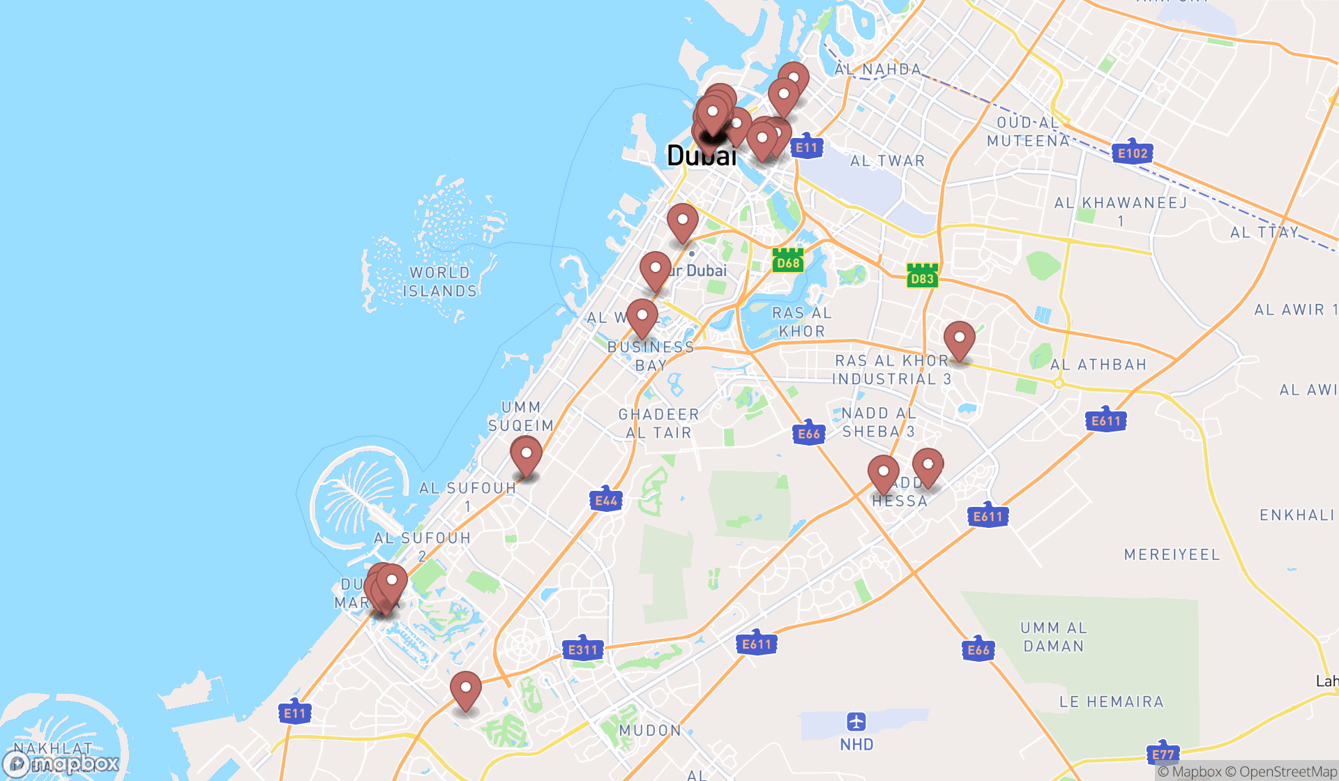 Map showing the search results in Dubai