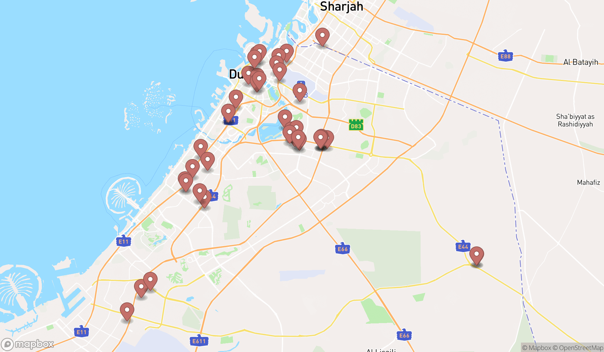 Map showing the search results in Dubai