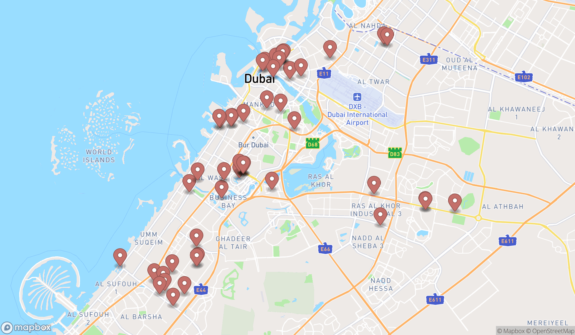Map showing the search results in Dubai