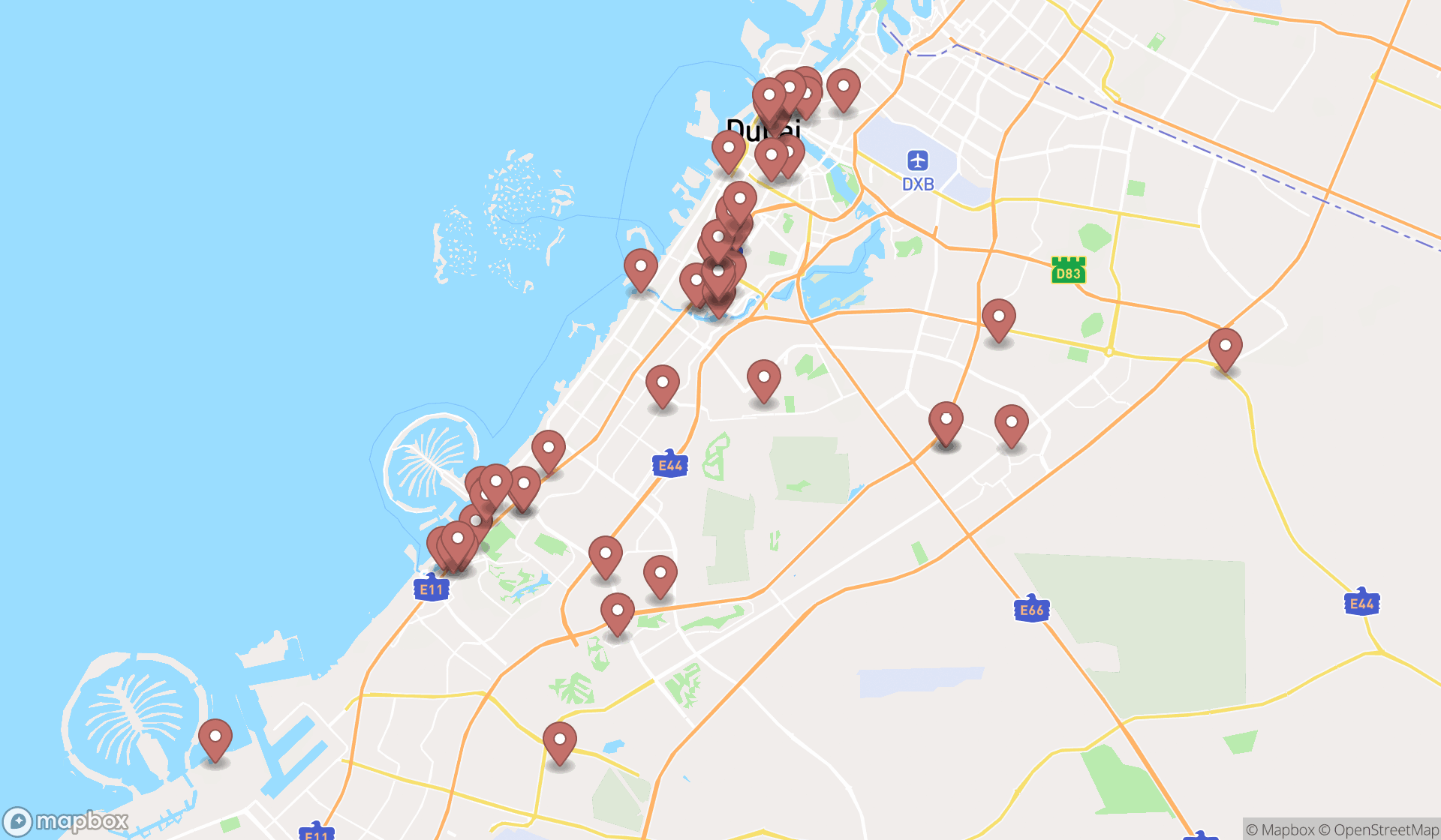 Map showing the search results in Dubai