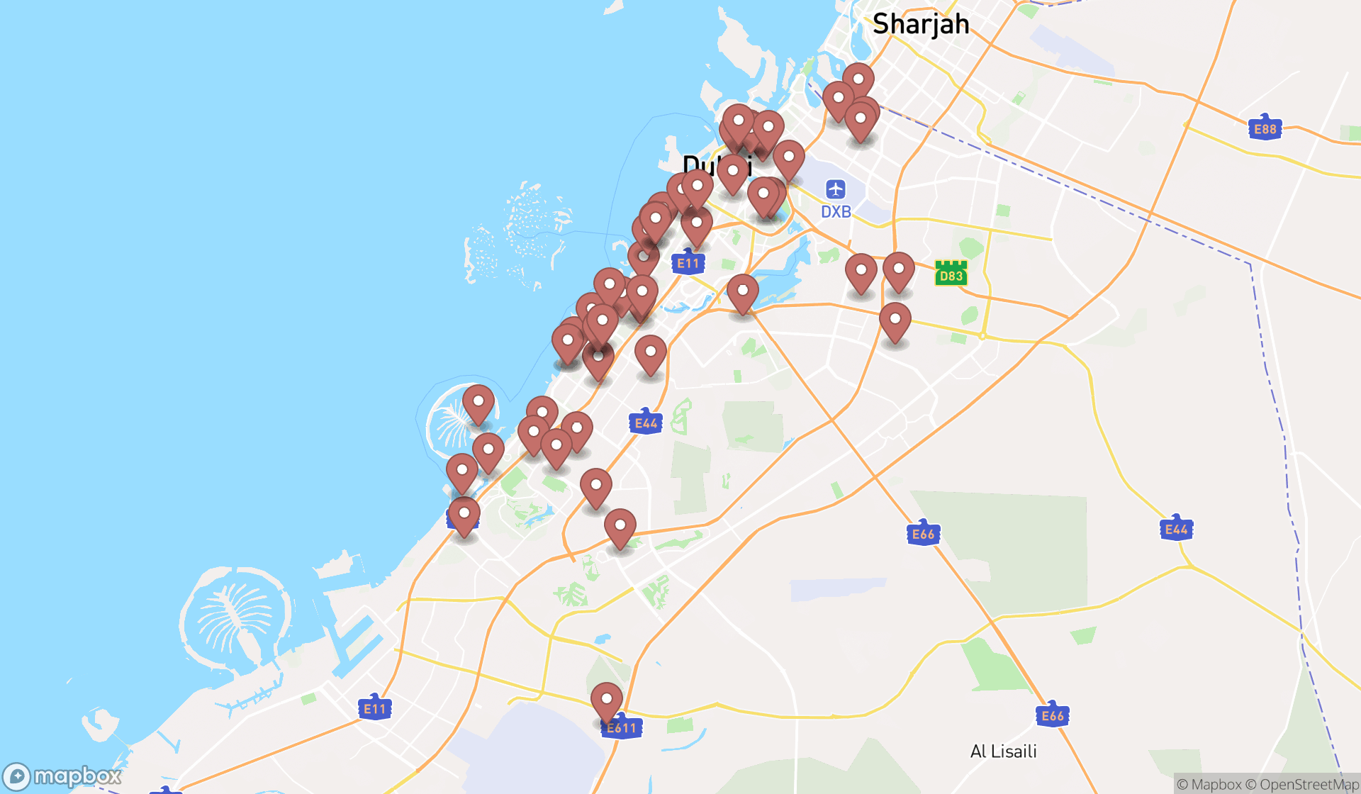 Map showing the search results in Dubai