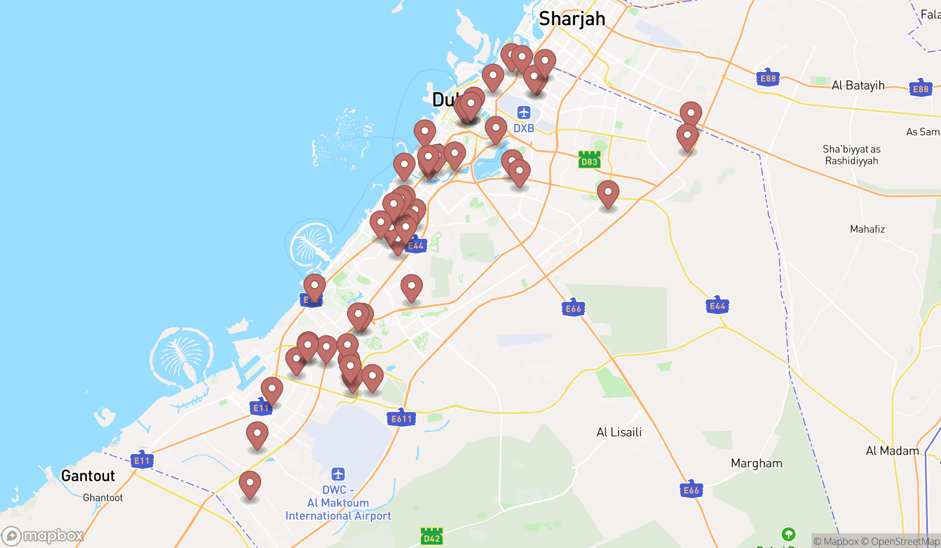 Map showing the search results in Dubai