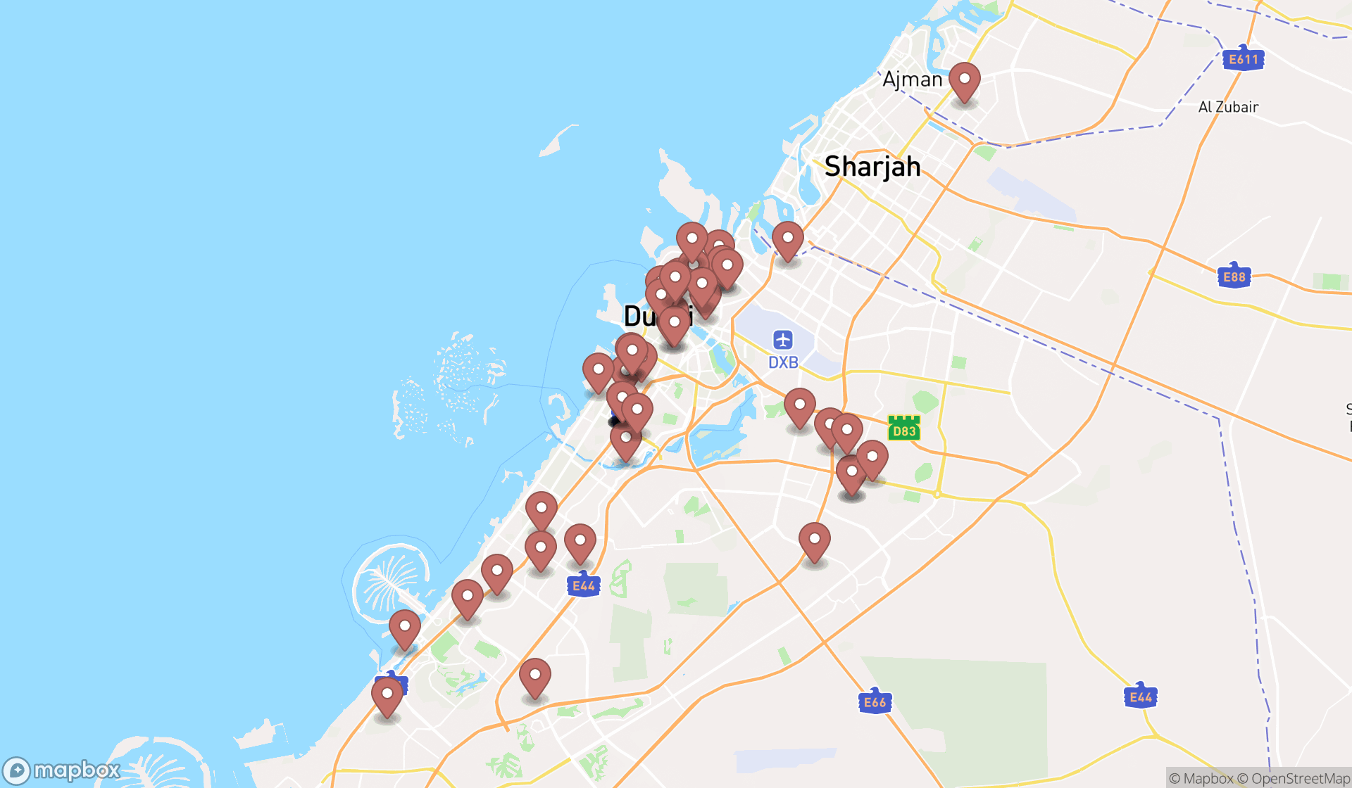 Map showing the search results in Dubai