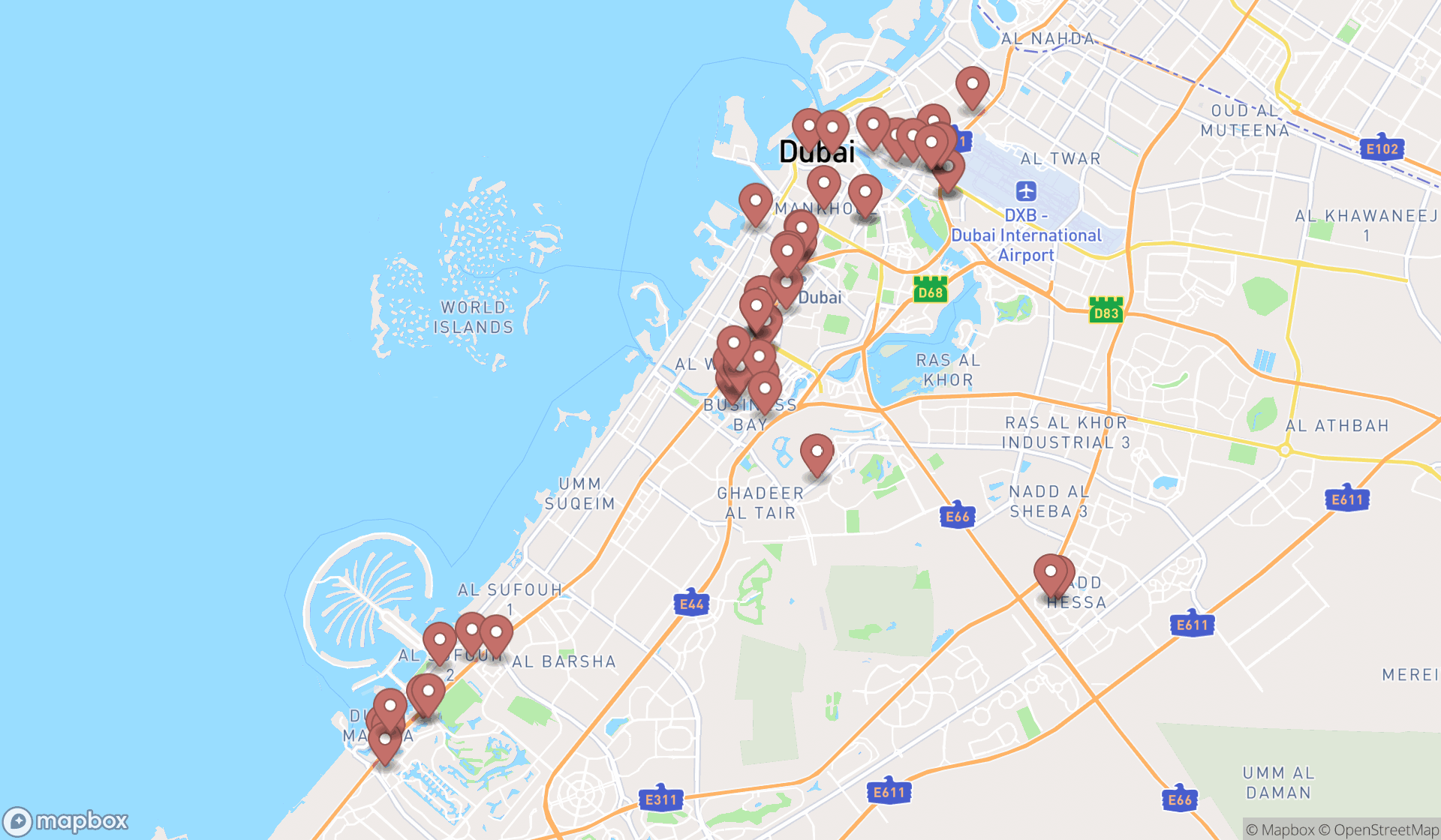 Map showing the search results in Dubai