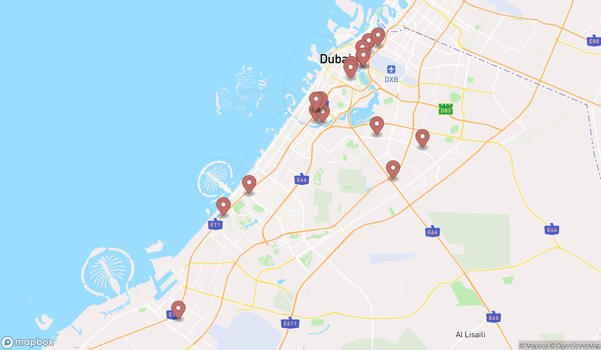 Map showing the search results in Dubai