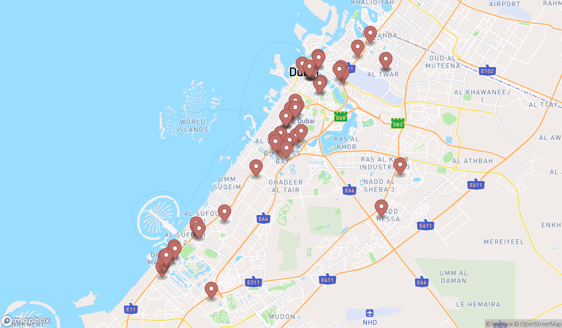 Map showing the search results in Dubai