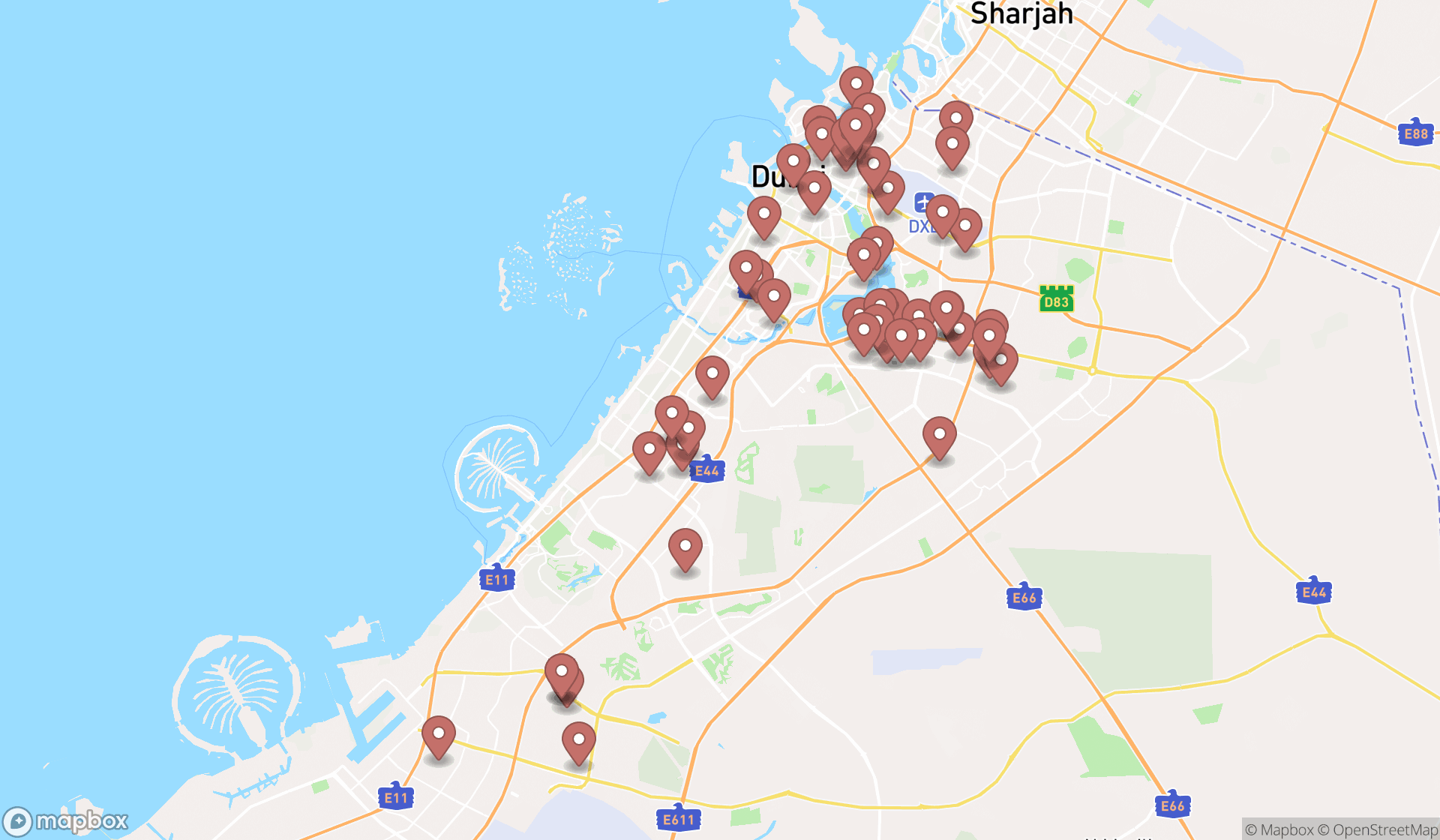 Map showing the search results in Dubai