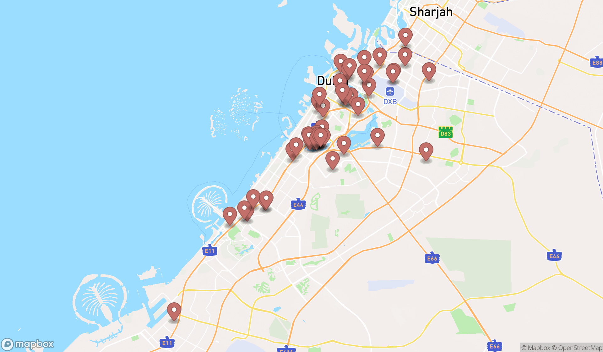 Map showing the search results in Dubai