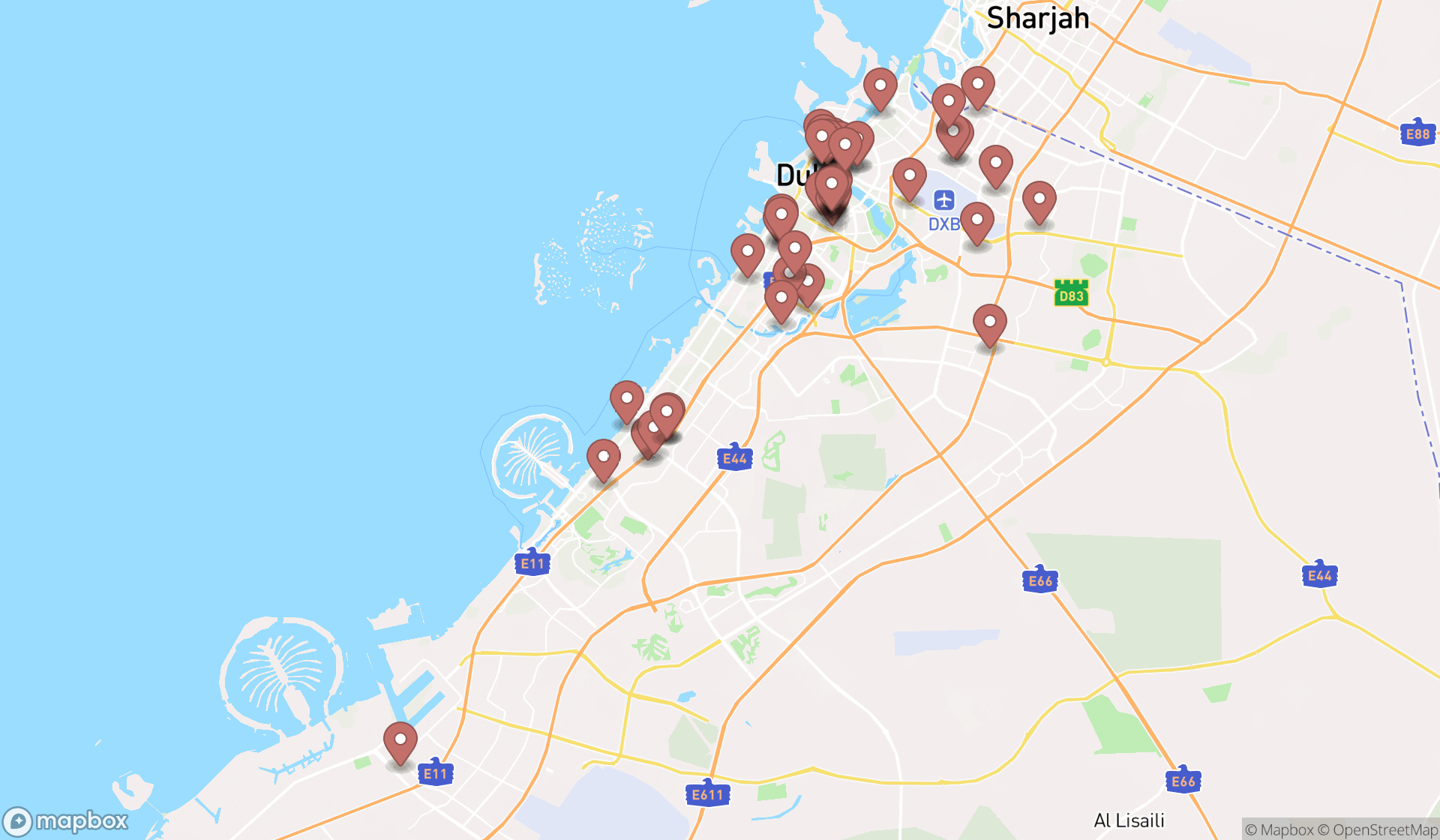 Map showing the search results in Dubai