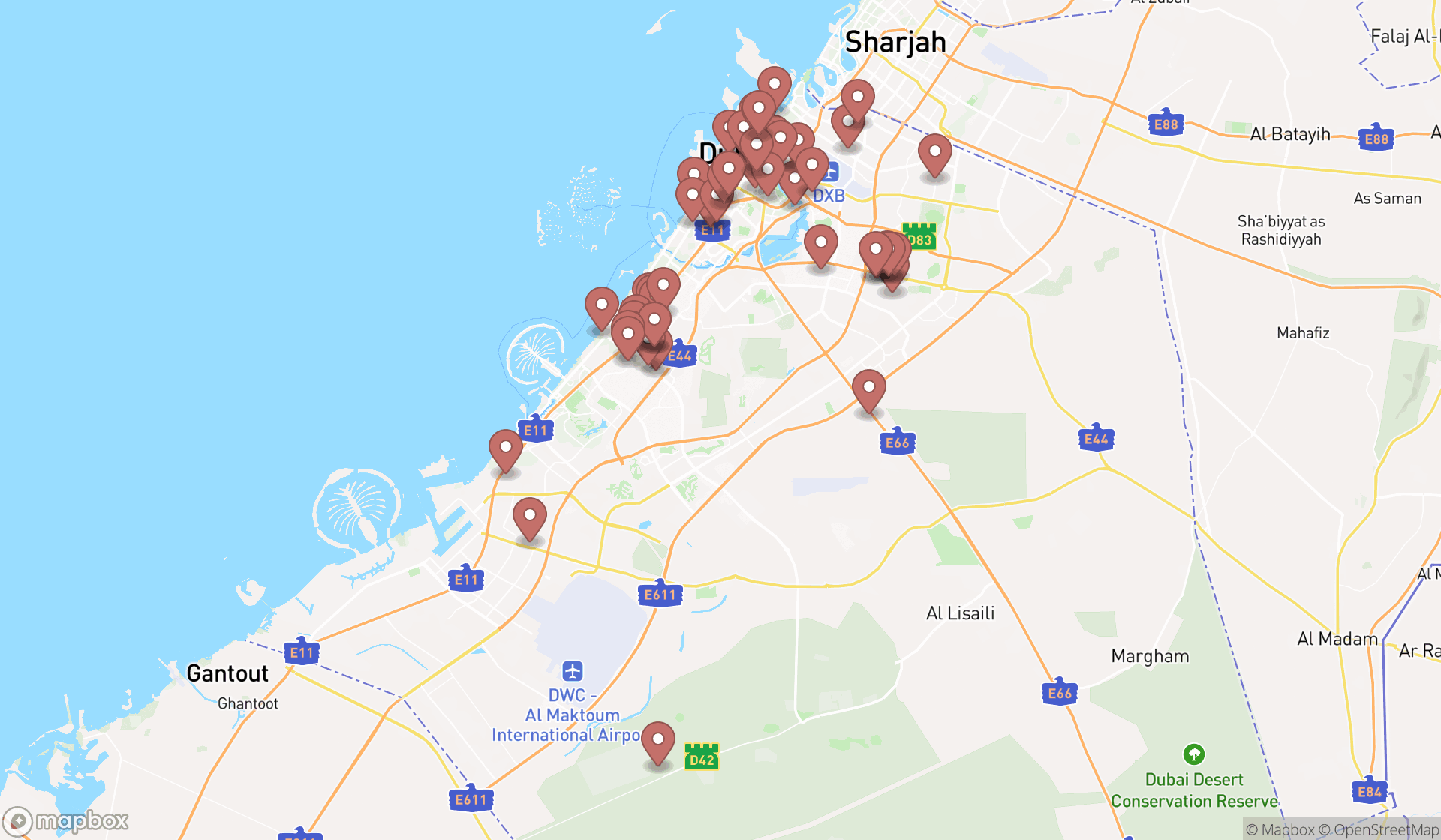 Map showing the search results in Dubai