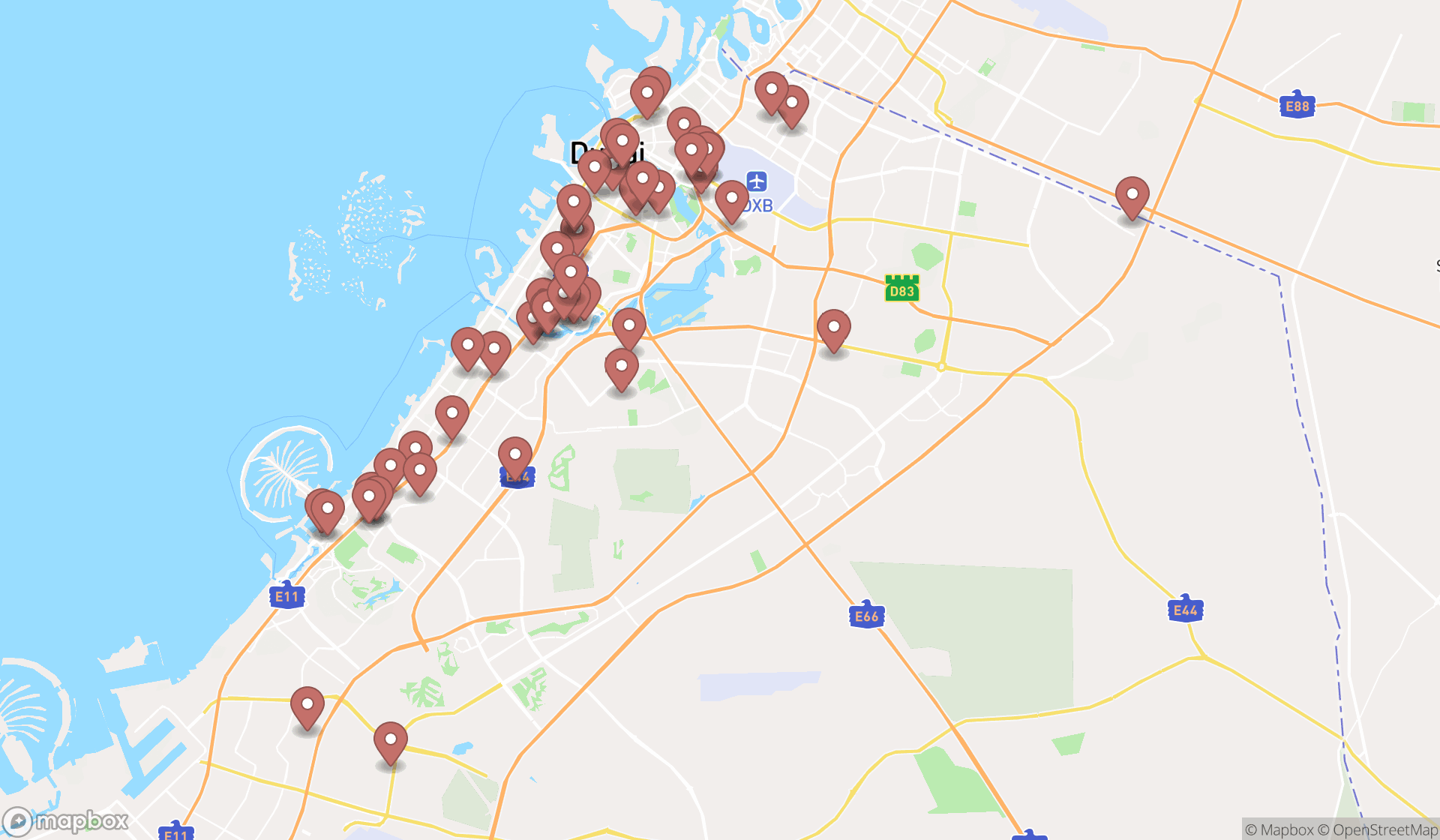 Map showing the search results in Dubai