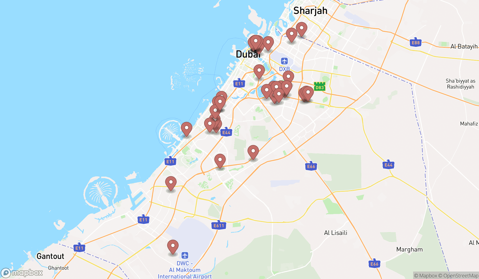 Map showing the search results in Dubai