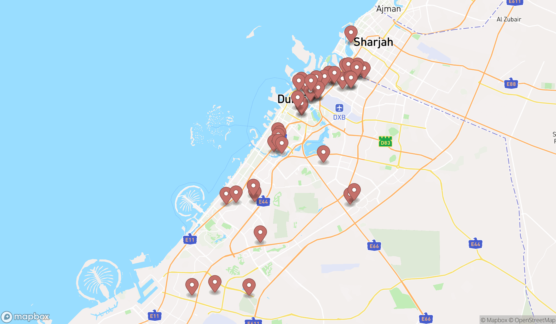 Map showing the search results in Dubai