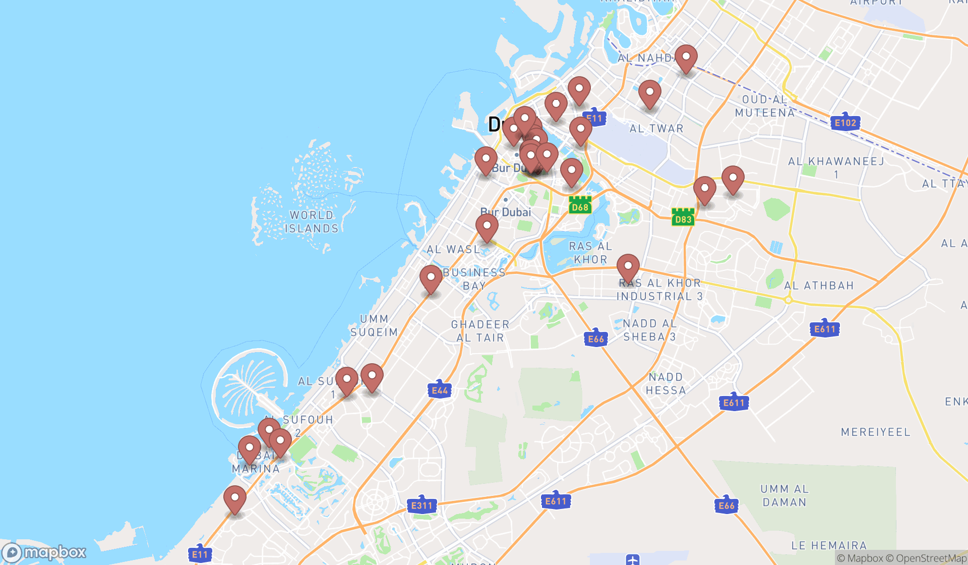 Map showing the search results in Dubai