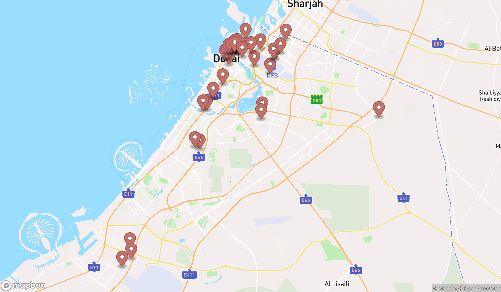 Map showing the search results in Dubai