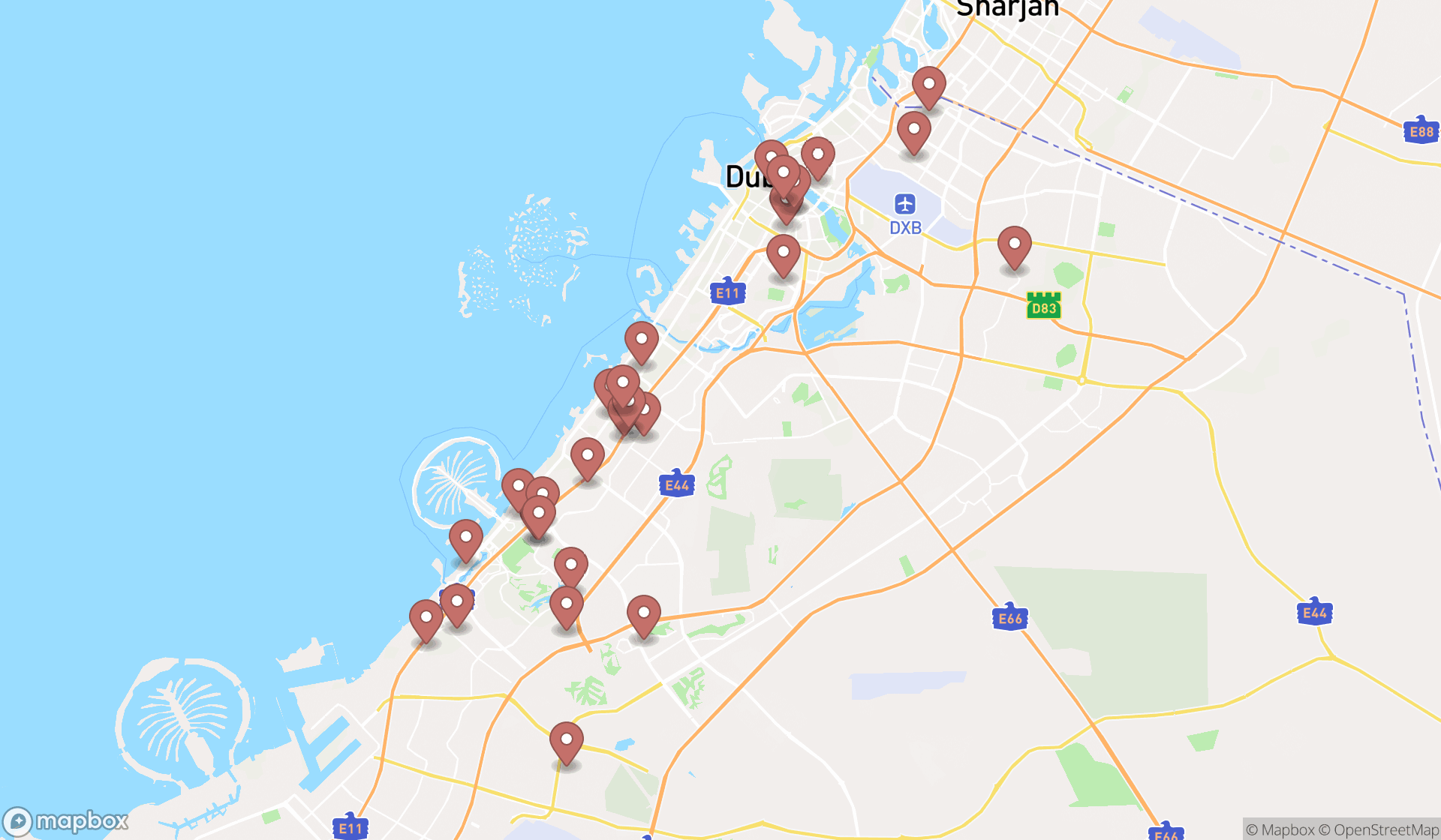 Map showing the search results in Dubai