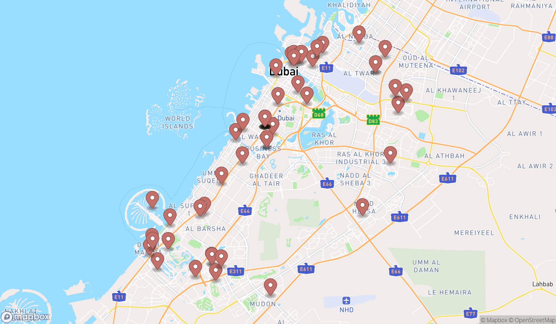 Map showing the search results in Dubai