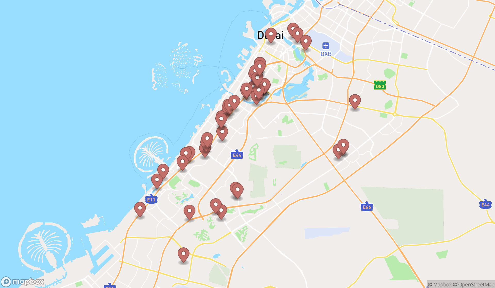 Map showing the search results in Dubai