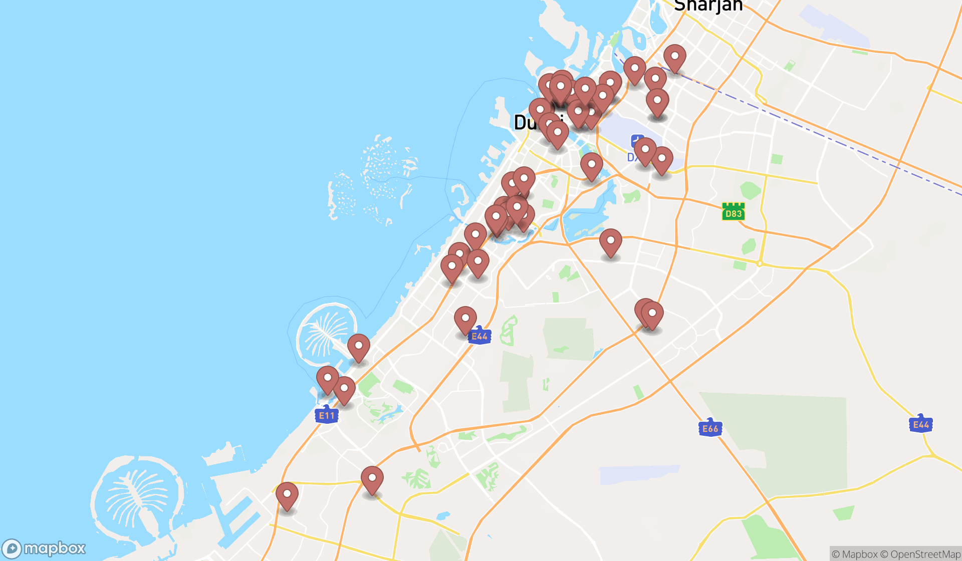 Map showing the search results in Dubai