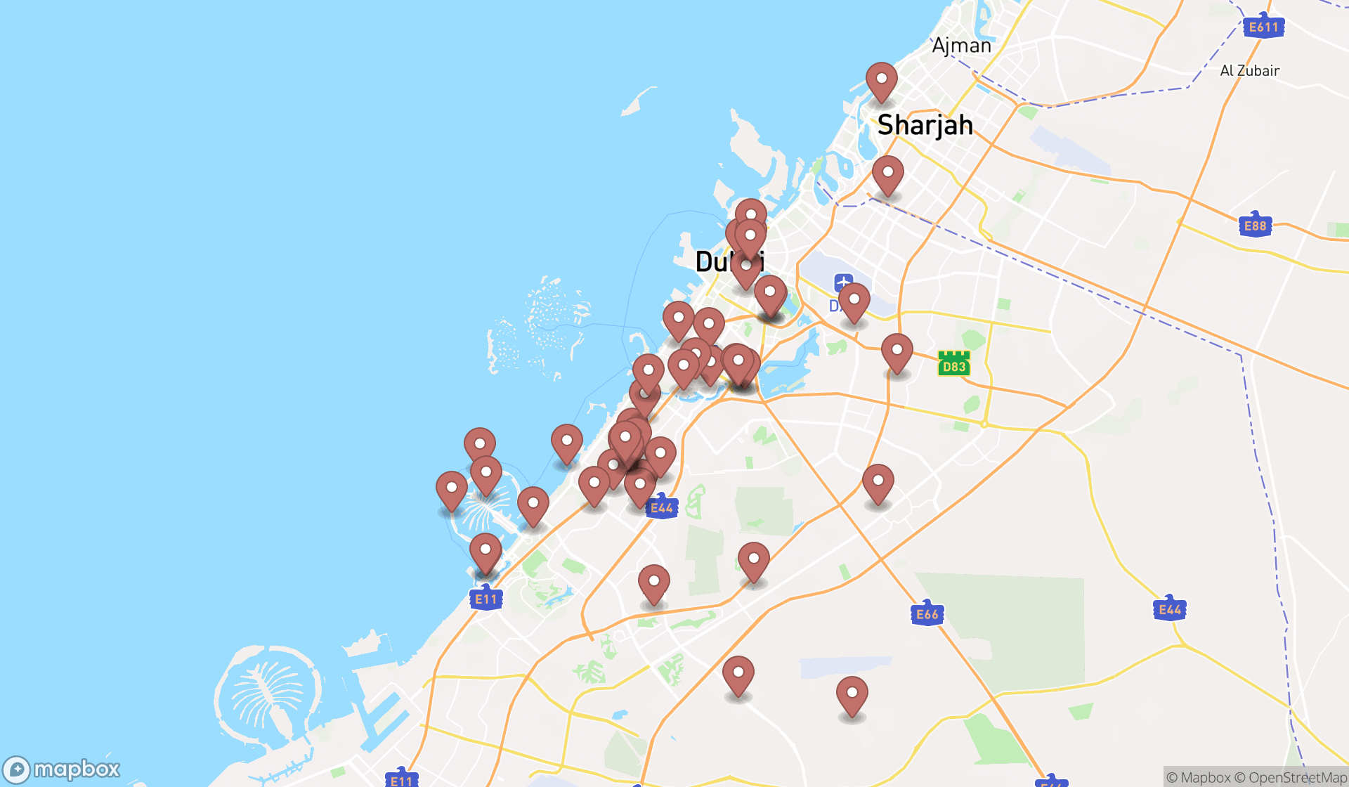 Map showing the search results in Dubai