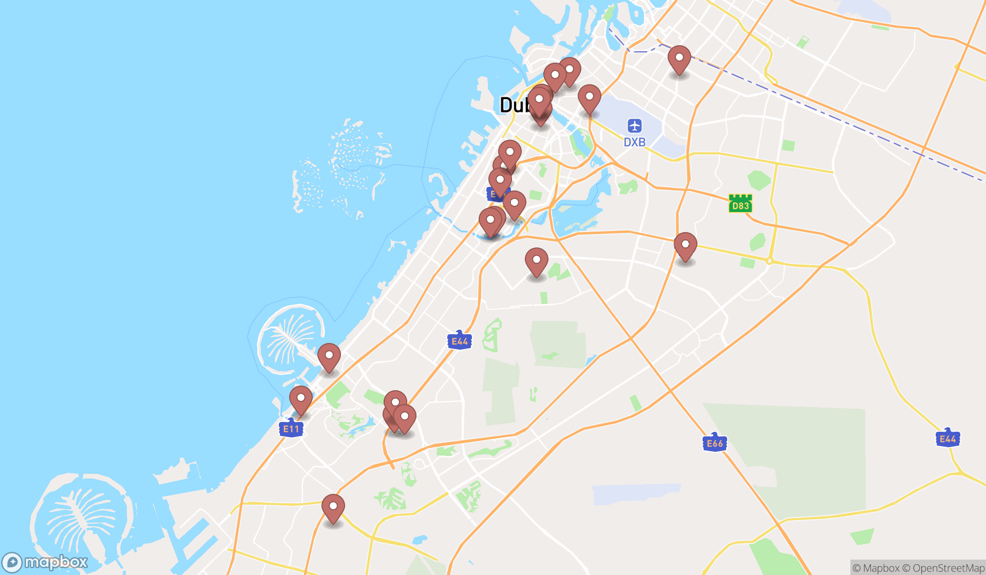 Map showing the search results in Dubai