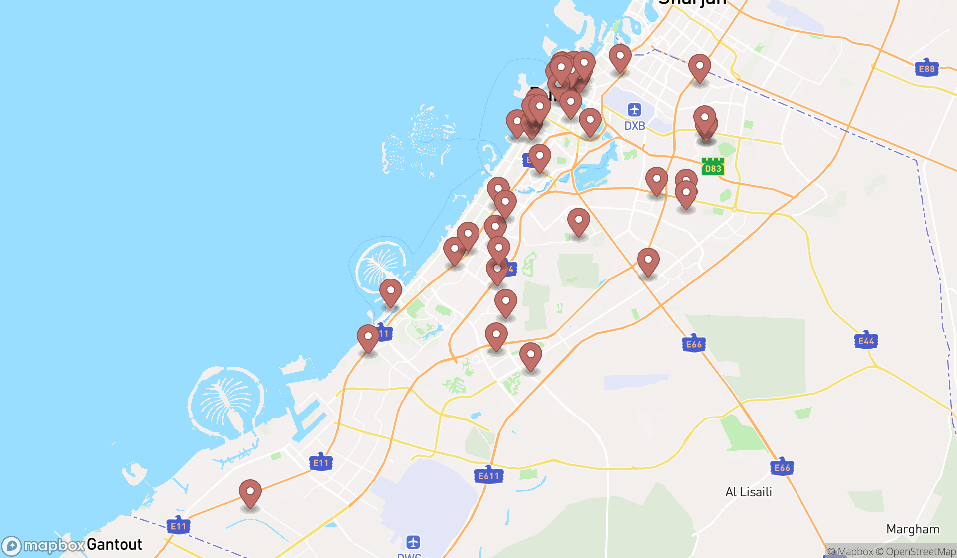 Map showing the search results in Dubai