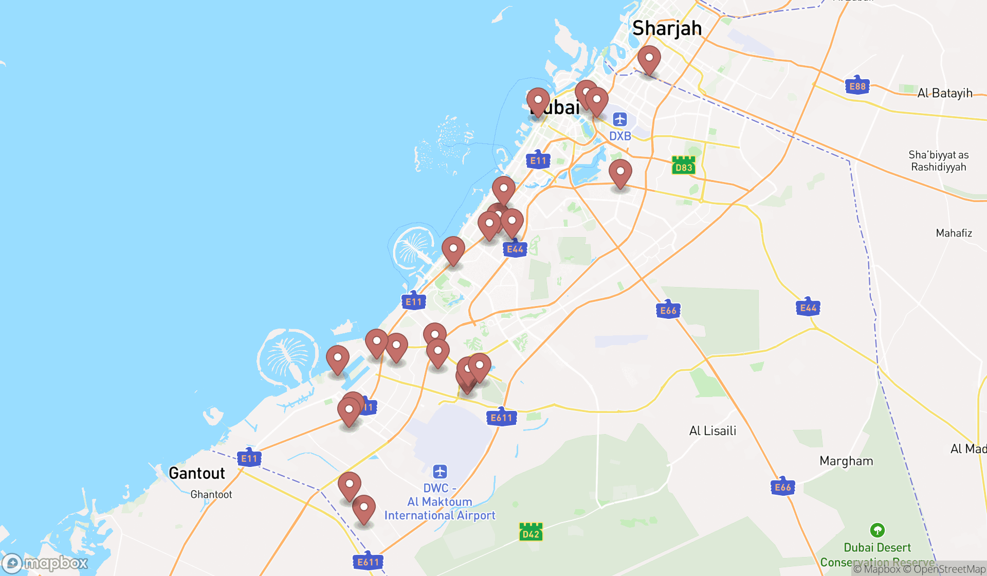 Map showing the search results in Dubai