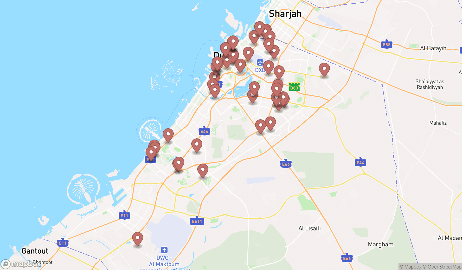 Map showing the search results in Dubai