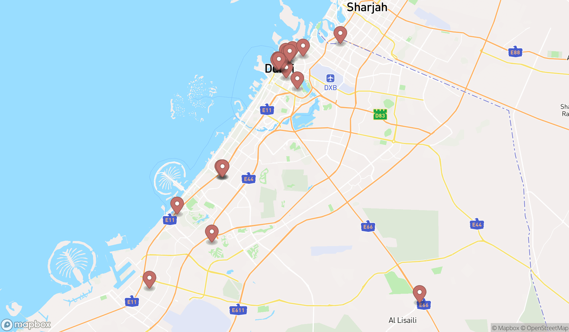 Map showing the search results in Dubai