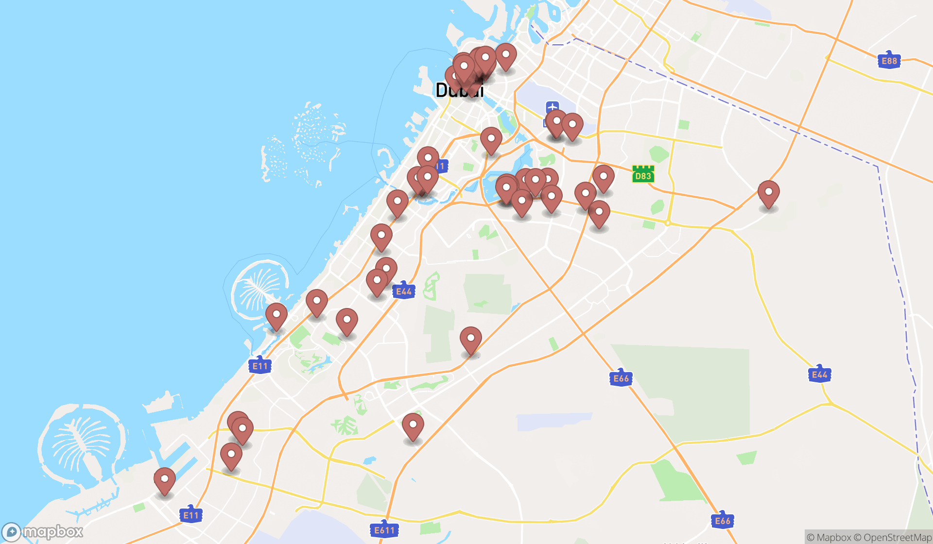 Map showing the search results in Dubai