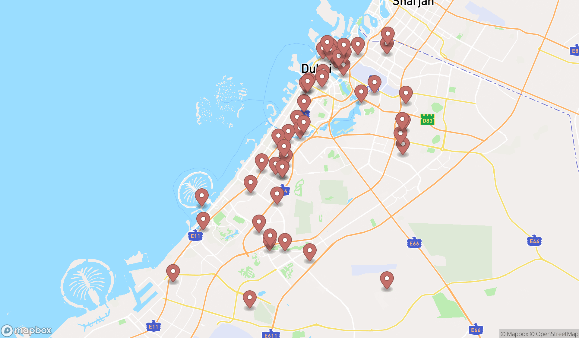 Map showing the search results in Dubai