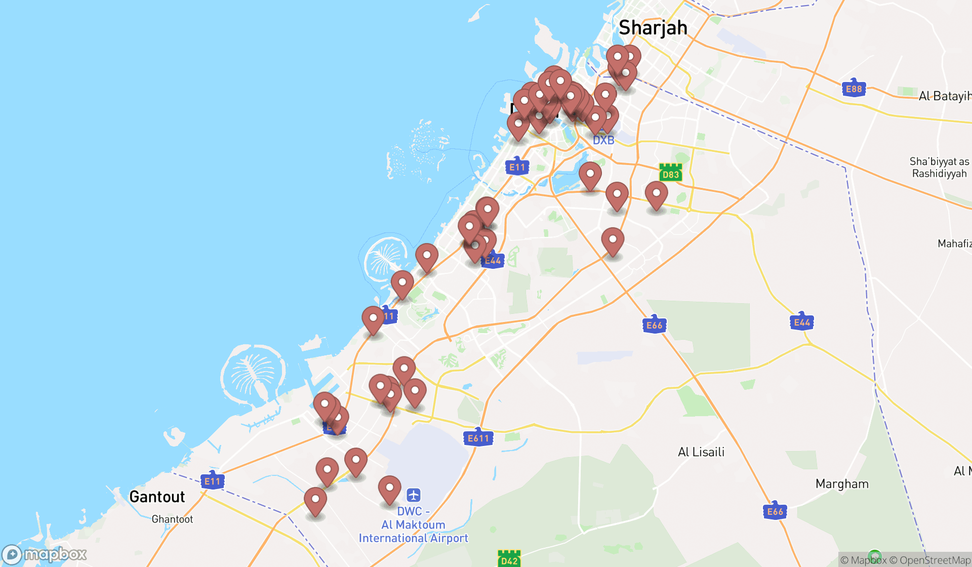 Map showing the search results in Dubai