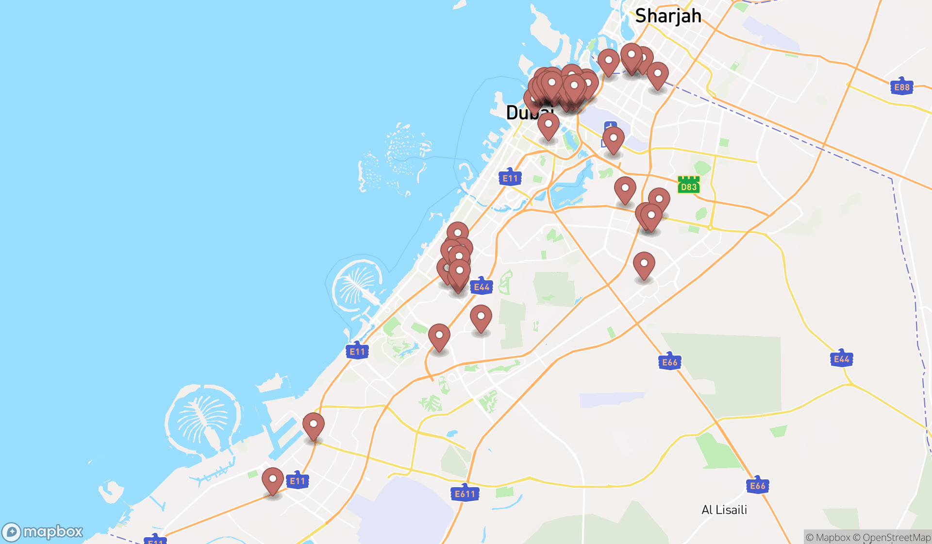 Map showing the search results in Dubai
