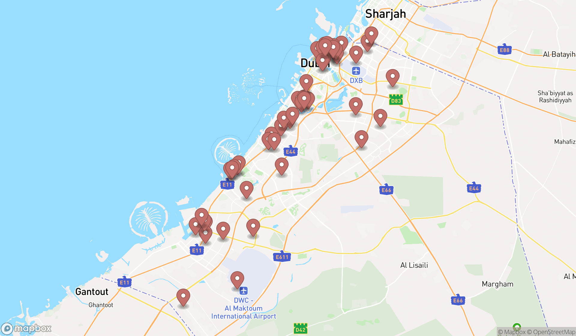 Map showing the search results in Dubai
