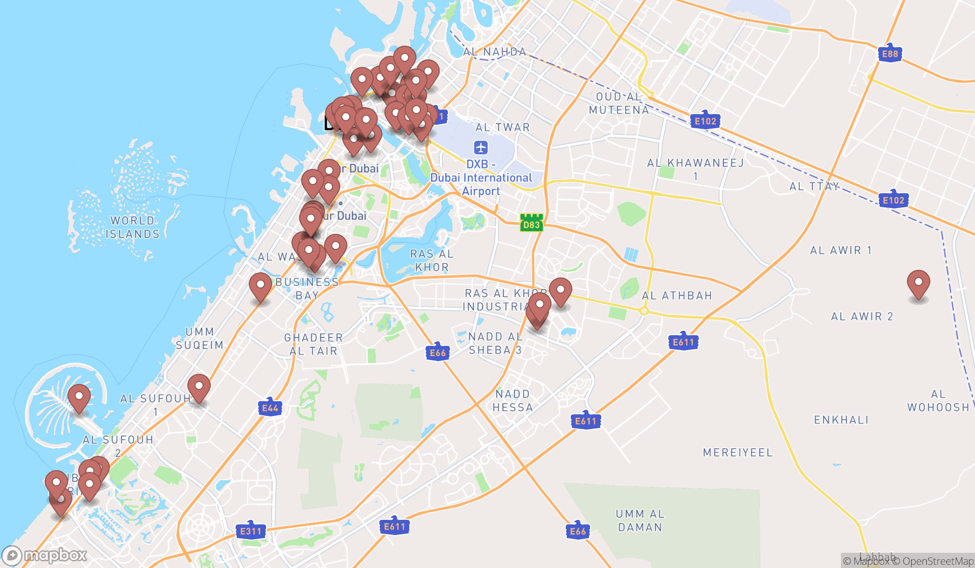 Map showing the search results in Dubai