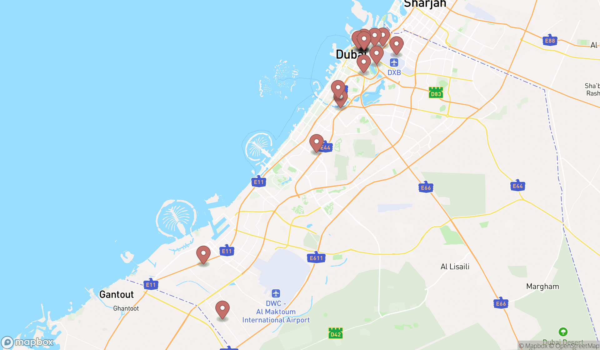 Map showing the search results in Dubai