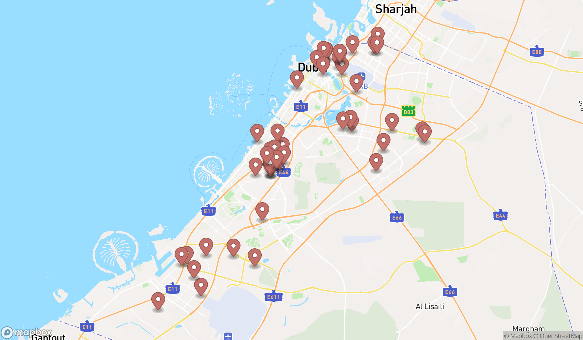 Map showing the search results in Dubai