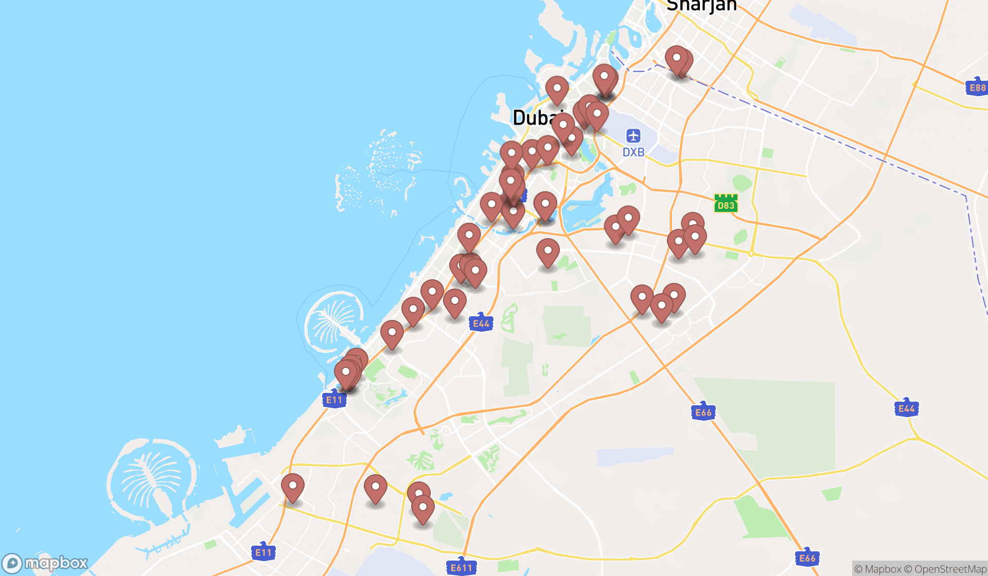 Map showing the search results in Dubai