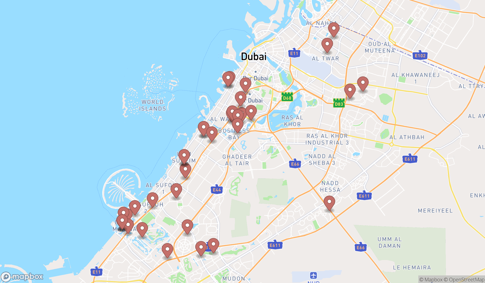 Map showing the search results in Dubai