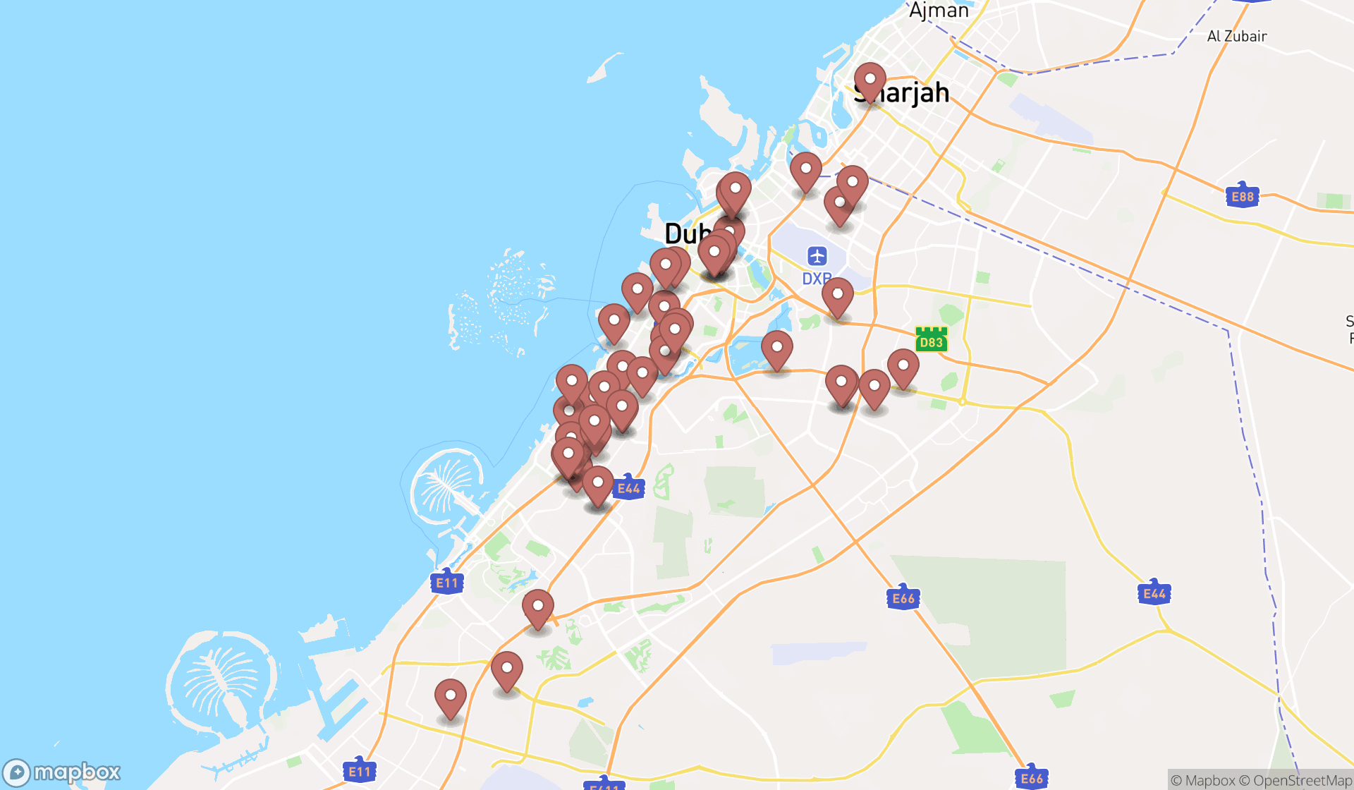 Map showing the search results in Dubai